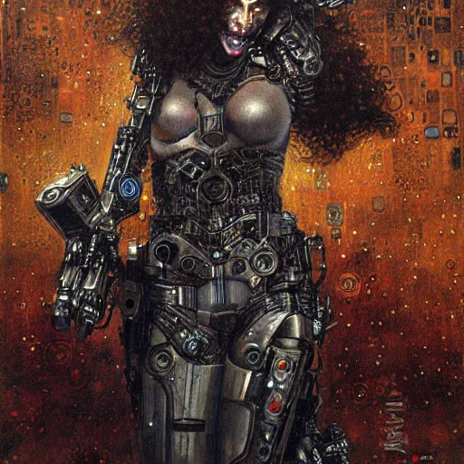 Image similar to cybernetic female supersoldier armed with laser rifle battling demon, intricate detail, klimt, royo, whealan,