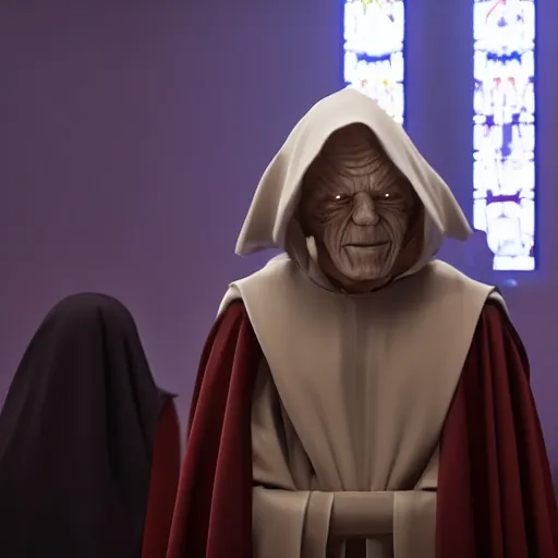 Image similar to emperor palpatine preaching to people at church, 8k cinematic lighting, very sharp detail, anatomically correct