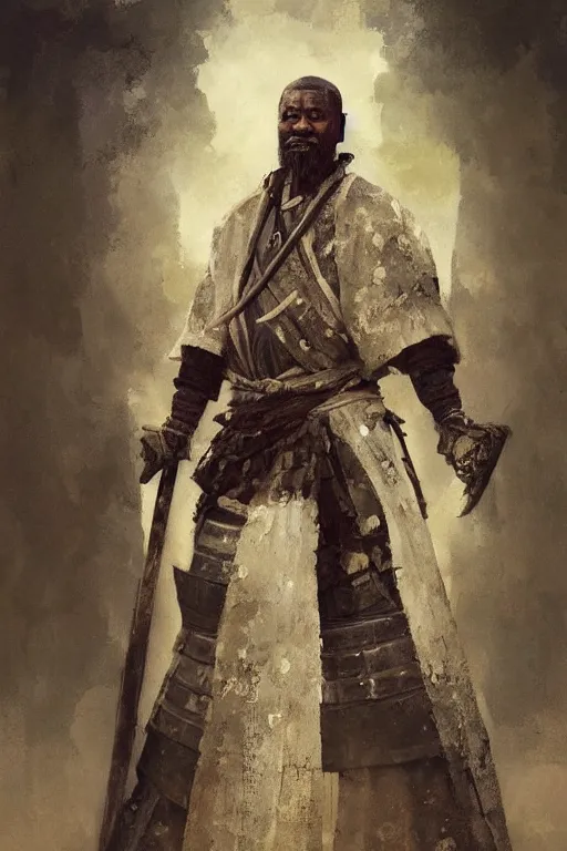 Image similar to a full body fantasty portrat, oil painting, illustration of an old African samurai, by Justin Sweet and Greg Rutkowski and Alphones Much