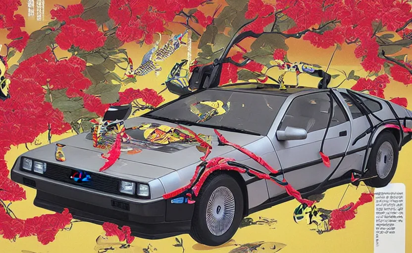 Image similar to a red delorean for a yellow tiger, art by hsiao - ron cheng and utagawa kunisada in a magazine collage, # de 9 5 f 0