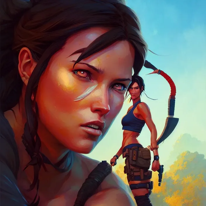 Image similar to super epically depicted color pencil portrait art of lara croft, by stephen bliss, greg rutkowski, loish, rhads, makoto shinkai and lois van baarle, ilya kuvshinov, rossdraws.