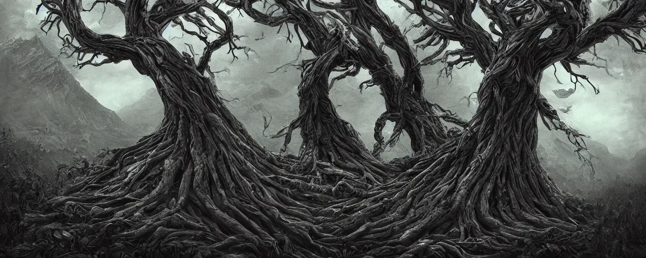 Image similar to a large tree full of eyes relinquished by the mountain, eerie, dark, large scale, breathtaking, mixed media, digital art, trending on artstation, 8k, epic composition, highly detailed, AAA graphics
