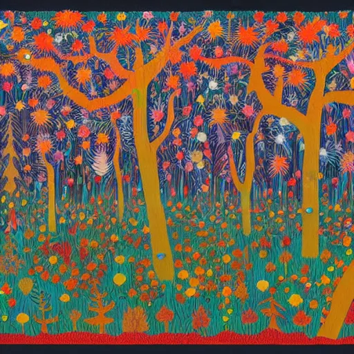 Prompt: colorful forest landscape in the style of Fred Tomaselli