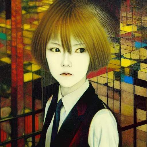 Image similar to yoshitaka amano blurred and dreamy realistic three quarter angle portrait of a young woman with short hair and black eyes wearing office suit with tie, junji ito abstract patterns in the background, satoshi kon anime, noisy film grain effect, highly detailed, renaissance oil painting, weird portrait angle, blurred lost edges