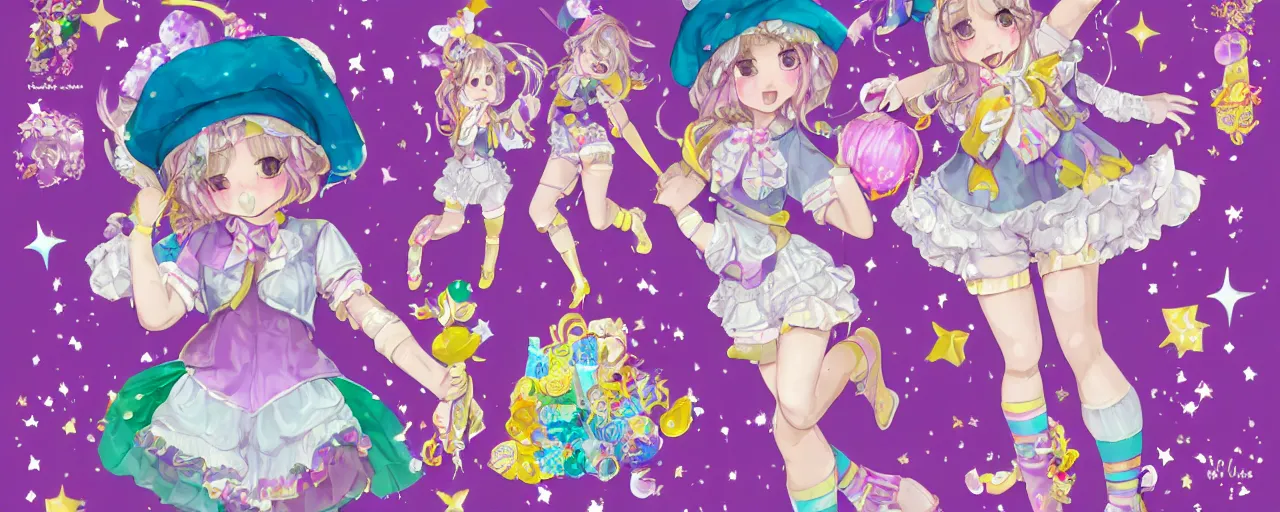 Prompt: A character sheet of full body cute magical girls with short blond hair wearing an oversized purple Beret, Purple overall shorts, Short Puffy pants made of silk, pointy jester shoes, a big billowy scarf, Golden Ribbon, and white leggings Covered in stars with Decora rainbow accessories all over. Short Hair. Flowing fabric. Ruffles and lace. Art by william-adolphe bouguereau and Paul Delaroche and Alexandre Cabanel and Lawrence Alma-Tadema and WLOP and Artgerm. baroque painting. Intricate, elegant, Highly Detailed. Smooth, Illustration Photo real. realistic. Hyper Realistic. Sunlit. Moonlight. Surrounded by clouds. 4K. UHD. Denoise.
