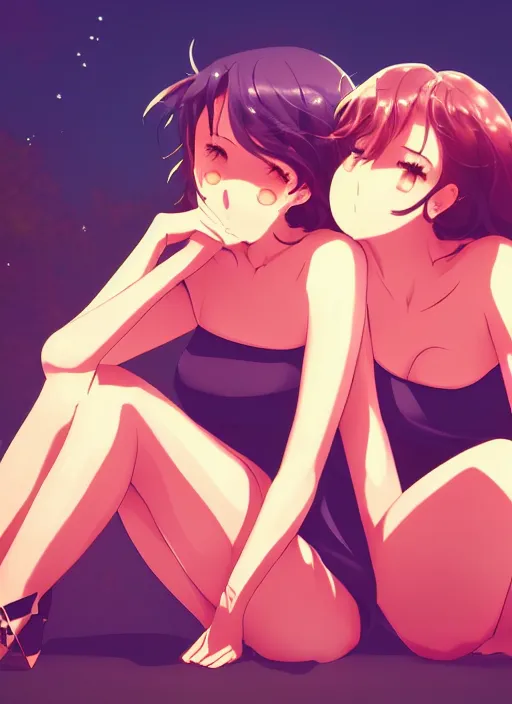 Image similar to two beautiful mothers sitting on a hot summer evening, gorgeous faces, thick lines, cinematic lighting, detailed anime art