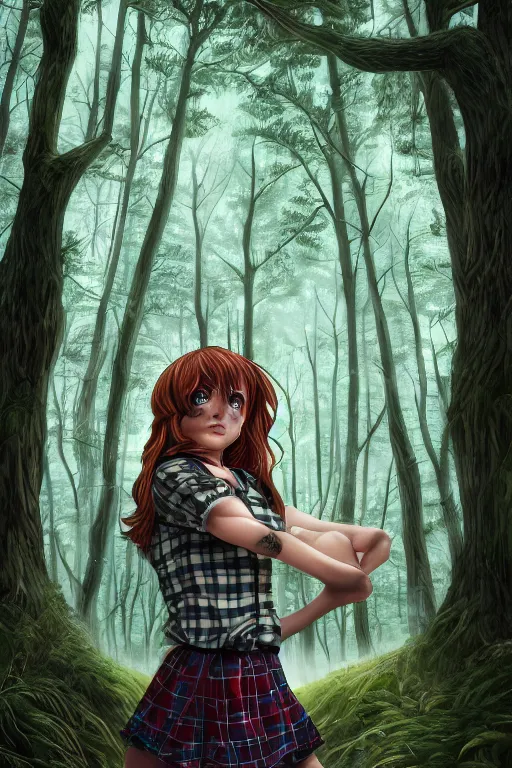 Prompt: sarah smith as a girl in a dark forest, detailed plaid miniskirt, beautiful upper body, detailed face portrait, by dan mumford, anime style, octane render, trending on artstation