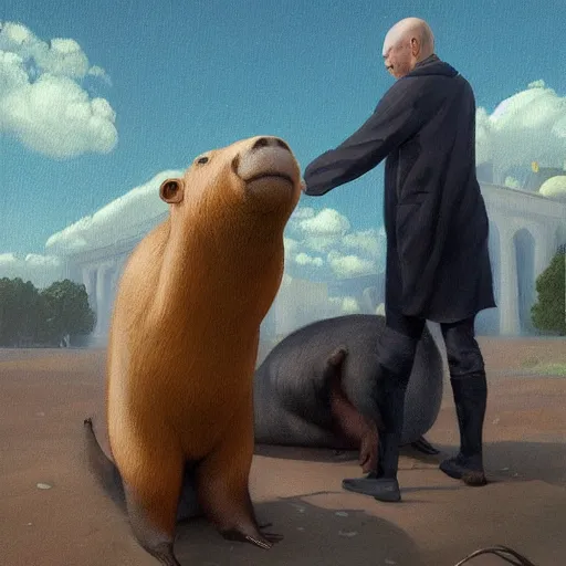 Prompt: an epic painting of vladimir lenin petting capybara, oil on canvas, perfect composition, golden ratio, beautiful detailed, photorealistic, digital painting, concept art, smooth, sharp focus, illustration, artstation trending, octane render, unreal engine, anime style, ghibli studio
