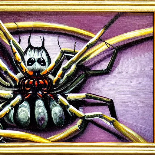 Prompt: oil painting of a laughing spider in a truck stop bathroom, high detail, night, distorted