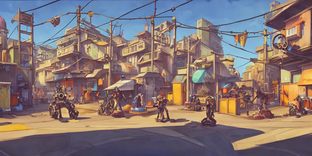 Image similar to overwatch building, stylized, exterior, architecture, in watercolor gouache detailed paintings, insanely detail, artstation, 8 k, futuristic, big medium small, arcane, simon stalenhag, food stall, interesting shapes & form, golden ratio, hard surface, props, lots of decoration and furniture, slums, street, wes anderson