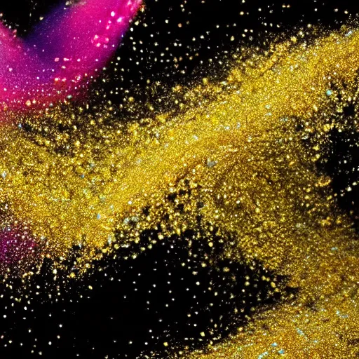 Image similar to a wet swirling mixture of gold paint and very colorful colored pigment particles glitter suspended in a turbulent liquid, captured in slow motion, crystal clear focus, macro photography lens closeup, slow-motion pour, dumpedpaint glittery, shimmering, speculars