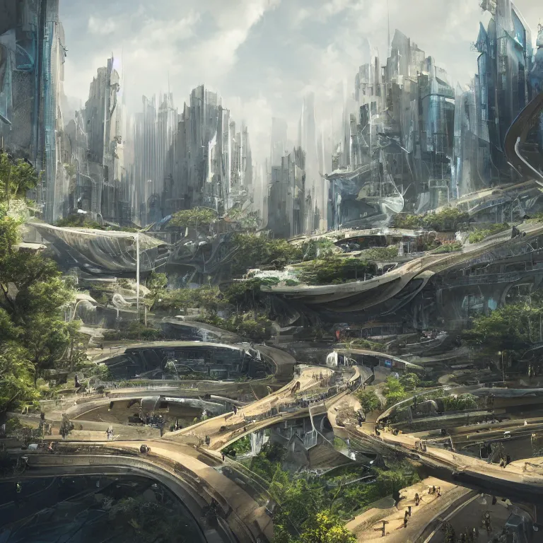 Image similar to environment concept art location of a giant outdoor amphitheater in a sci-fi eco-city, skybridges, turrets, busy, futuristic, unreal engine, detailed, octane render, 4k, photorealistic, cinematic lighting