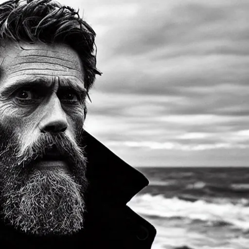 Image similar to Willem Dafoe with a beard in The Lighthouse (2019), high contrast, black and white cinematography