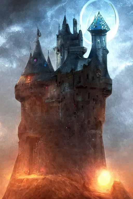 Prompt: Cybernetic Castle housing a Blackhole in a Claw-shaped Cage above the Castle, atmospheric, digital art, fantasy, magic, arcane, volumetric lighting, illustration, realistic