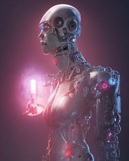 Prompt: benevolent android necromancer, aura of light, artificial intelligence, kind face, perfect, scifi, futuristic, highly detailed, trending on artstation, advanced technology, art by vitaly bulgarov