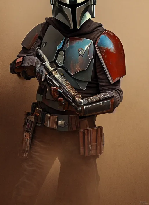 Image similar to a photorealistic dramatic hyperrealistic render of the mandalorian bounty hunter, ultra realistic details, well worn, rust, oil stains by wlop, greg rutkowski, alphonse mucha vitaly bulgarov and mike nash, beautiful dramatic dark moody tones and lighting, cinematic atmosphere, studio lighting, global illumination, shadows, dark background, concept design art octane render, 8 k