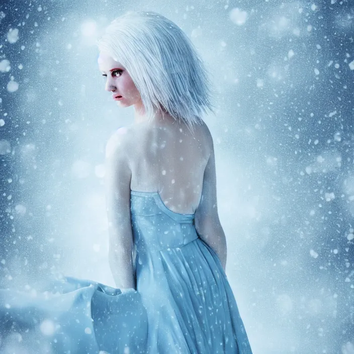 Image similar to full body portrait of a woman with pale blue hair wearing a long white dress made out of snowflake in the middle of a heavy snowstorm. pale, sickly looking, hypothermia. digital art by maromi sagi