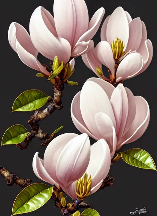 Image similar to perfectly detailed magnolia flowers!! blessed by nature with ever - increasing physical mental perfection, symmetrical! intricate, sensual features, highly detailed, biblical divine holy perfection!! digital painting, artstation, concept art, smooth, sharp focus, illustration, art by artgerm and greg rutkowski and alphonse mucha