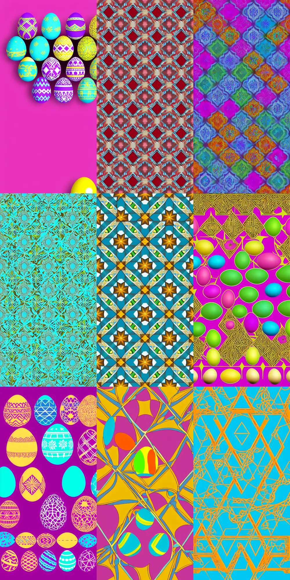 Prompt: vector illustration of 2 - dimensional repeating islamic geometric designs and easter eggs. stock art. the color theme is # ce 0 cf 7 # 0 0 faa 8 # 3 6 4 5 4 f. octane render, 4 k, high detailed.