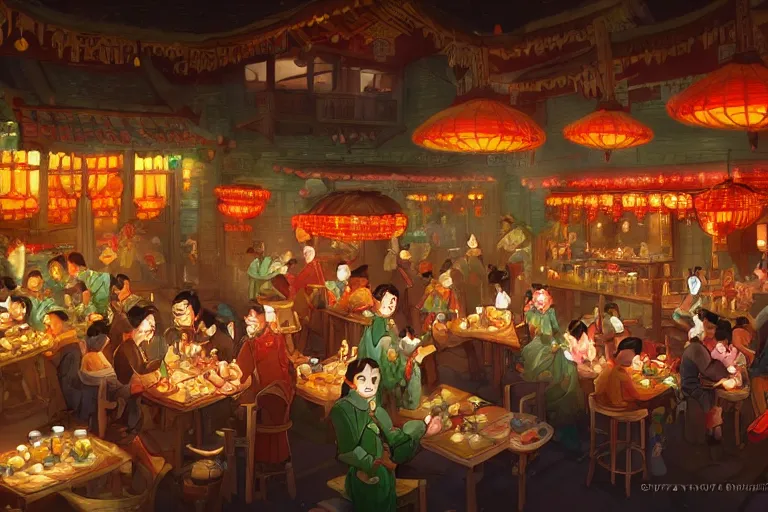 Image similar to fantasy art of a bustling tavern in china, at night, by cory loftis, highly detailed digital art, trending on artstation
