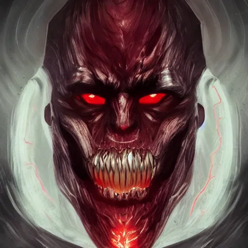 Prompt: portrait of an intimidating glowing scary giant, face and skin is dark red, glowing eyes, glowing veins of white, hero, villain, concept art, centered, iridescent flowing beautiful hair