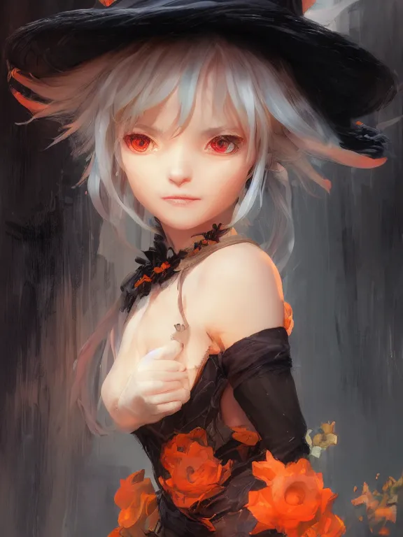 Image similar to Portrait of a cute mischievous young witch about to get up to some trouble. Black and Orange palette. By Ruan Jia and Artgerm and Range Murata and WLOP and CLAMP. Key Art. Fantasy Illustration. award winning, Artstation, intricate details, realistic, Hyperdetailed, 8k resolution.