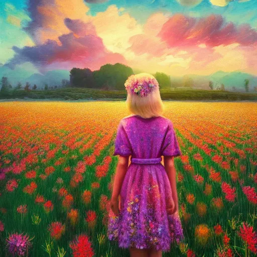 Image similar to girl with a flower face, surreal photography, bizzare, dreamlike, standing in flower field, in a valley, sunrise dramatic light, impressionistic painting, colorful clouds, artstation, simon stalenhag