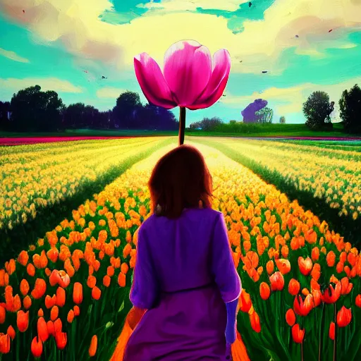 Prompt: large tulip as a face, girl walking in a flower field, surreal photography, sunrise dramatic light, impressionist painting, colorful clouds, digital painting, artstation, simon stalenhag, flower face