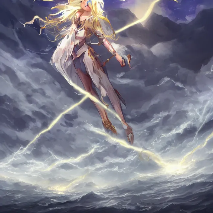 Image similar to light, may you be released from the ends of the world. split the heavens and tether the earth, anchor of the storm! rhongomyniad, trending on artstation