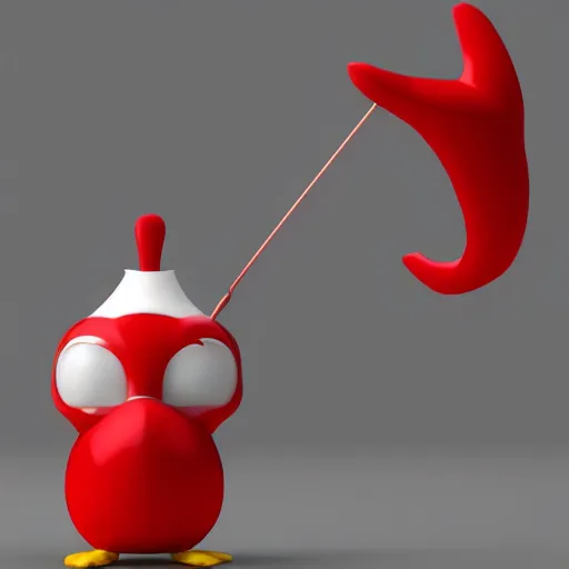 Prompt: 3 d model of a red penguin with horns wearing a belt, blender render, fully in frame