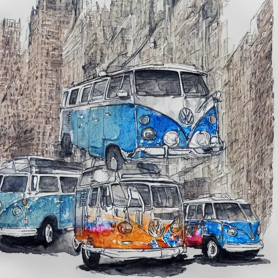 Image similar to a detailed watercolor sketch of vw bus in new york city