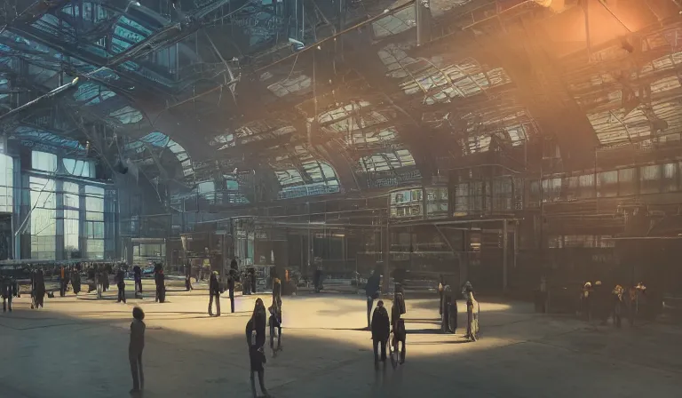 Image similar to group of people in simple warehouse, surrounding hologram of futuristic city on a table, cinematic concept art, godrays, golden hour, natural sunlight, 4 k, clear details, tabletop model buildings, center model buildings, hologram center, crane shot, crane shot, crane shot