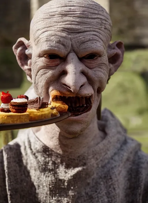 Image similar to closeup profile face portrait of a medieval goblin eating cakes in the cloisters, depth of field, zeiss lens, detailed, symmetrical, centered, fashion photoshoot, by annie leibovitz and steve mccurry, david lazar, jimmy nelsson, breathtaking, 8 k resolution, extremely detailed, beautiful, establishing shot, artistic, hyperrealistic, beautiful face, octane render