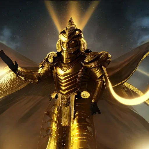 Image similar to the emperor of the sun wearing a golden armor standing on the throne, cinematic, lens flare, dust particle effects