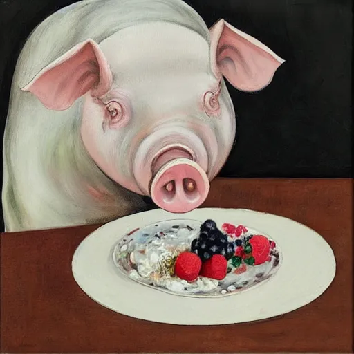 Image similar to “a portrait in an art student’s apartment, a feminine pig wearing white cotton stained with fresh juicy berries, pork, ikebana white flowers, white wax, squashed berries, acrylic and spray paint and oilstick on canvas, by munch and Dali”