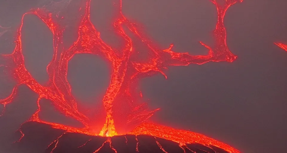 Image similar to a volcano made of ivory vines and crimson rocks enters in eruption, it spits a smoke in the shape of demonic eye, with Cry engine