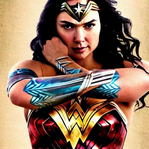 Image similar to wonder woman movie poster but with a chubby Gegia face