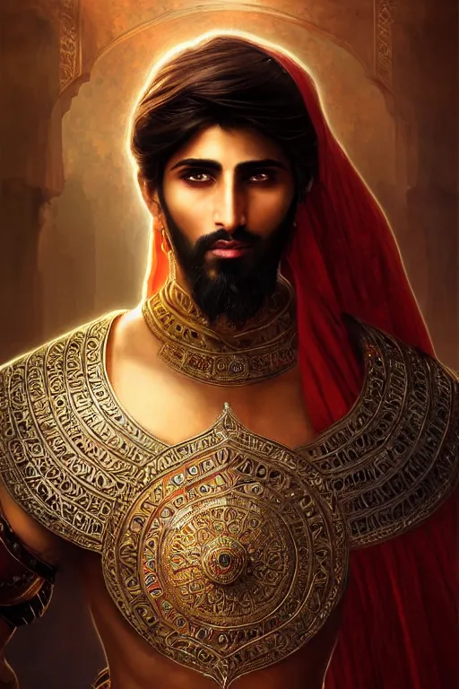 Image similar to Beautiful portrait of a Persian Prince who is a warrior, handsome prince of persia, face painting, attractive young man, persian style architecture, dramatic lighting, intricate, wild, highly detailed, digital painting, artstation, concept art, smooth, sharp focus, illustration, art by artgerm and greg rutkowski and alphonse mucha, footage from space camera