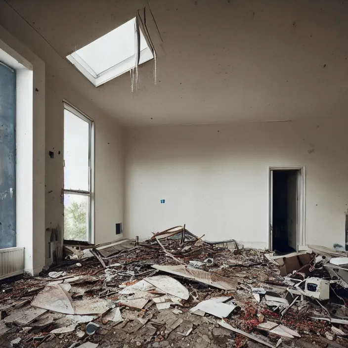 Prompt: derelict modern home interior, color photograph, canon eos c 3 0 0, ƒ 1. 8, 3 5 mm, 8 k, medium - format print