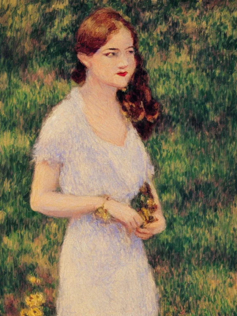 Image similar to portrait of < zelda fitzgerald > as a beautiful young lady wearing 1 9 2 0 s fashion, blurry face, brown hair, slim, fair, severe out of focus, depth of field, pleinairism, in the sun, backlit, closeup, oil on canvas, atr by monet, in the style of le promenade, smooth, impressionnisme, 8 k