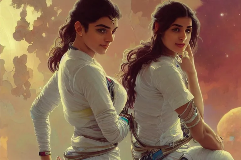 Image similar to Pensive good looking pale young Indian doctors wearing jeans in a space station above Earth, portrait, elegant, intricate, digital painting, artstation, concept art, smooth, sharp focus, illustration, art by artgerm and greg rutkowski and alphonse mucha