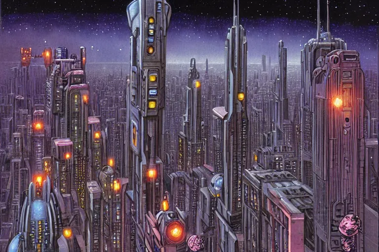 Image similar to a scifi illustration, Night City on Coruscant by joe jusko