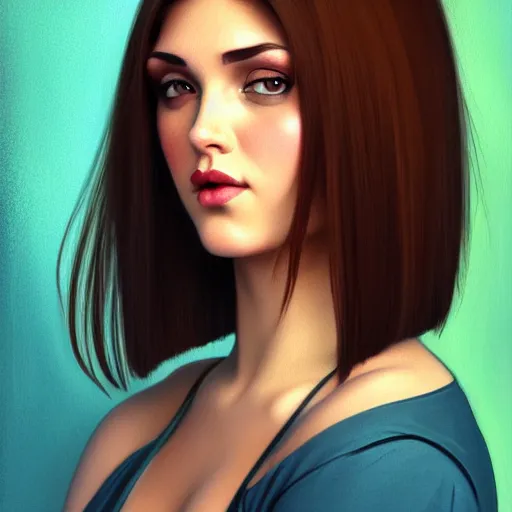 Prompt: curvy brunette woman with straight hair in a bob, romanian heritage, brown eyes, no bangs, digital art, cinematic, concept art, 8k, painting, imaginefx, cgsociety, art nouveau, Alphonse Mucha, trending on artstation, medium shot, head shot