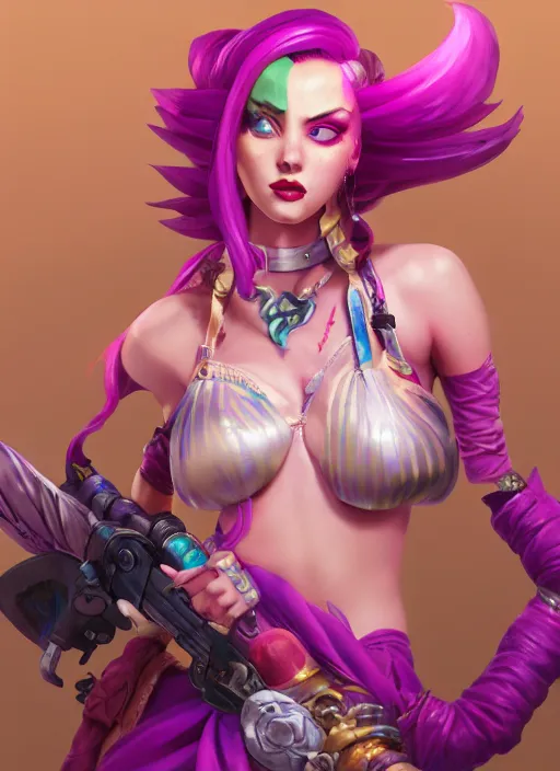 Image similar to jinx the loose canon, from league of legends, hyper detailed, digital art, trending in artstation, cinematic lighting, studio quality, smooth render, fluorescent skin, unreal engine 5 rendered, octane rendered, art style by klimt and nixeu and ian sprigger and wlop and krenz cushart