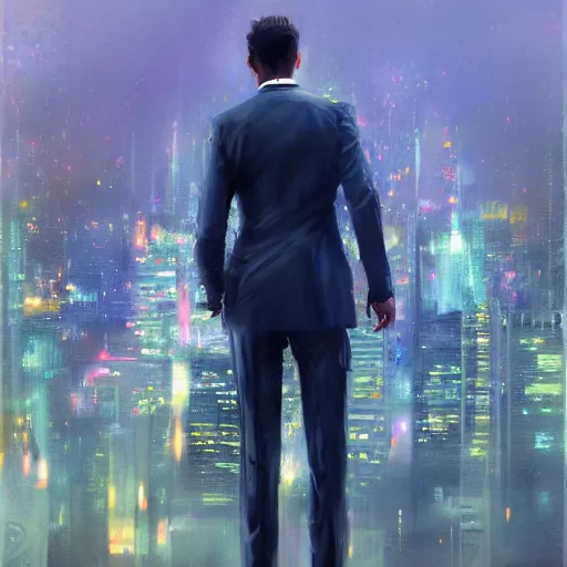 Prompt: !dream A realistic hyperdetailed multi-colored digital oil full body portrait painting of a cat in a suit looking out at a city skyline in the style of Guy Denning, Ruan Jia, and Craig Mullins. Trending on ArtStation and DeviantArt. CGSociety Digital art.