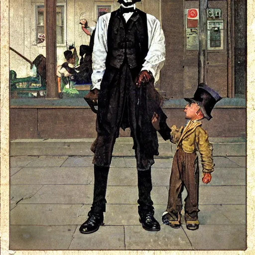 Prompt: abe lincoln is a street walker, style of norman rockwell, rule of thirds, sharp.