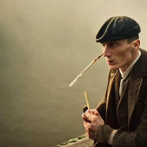 Image similar to “thomas shelby from peaky blinders, smoking a cigarrette and looking at the river”