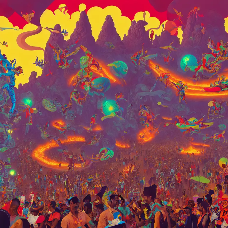 Image similar to trinidad and tobago carnival by paolo eleuteri serpieri and tomer hanuka and chesley bonestell and daniel merriam and tomokazu matsuyama, unreal engine, high resolution render, featured on artstation, octane, 8 k, highly intricate details, vivid colors, vector illustration