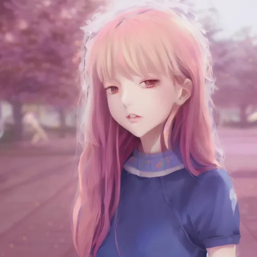 Image similar to happy anime girl, curly pastel hair, harajuku fashion, clear clean face, face by lya kushinov, Avetetsuya Studios, Alexandra Fomina artstation, by Makoto Shinkai, digital 2D, painterly style, cinematic matte Illustration, ufotable, VOFAN