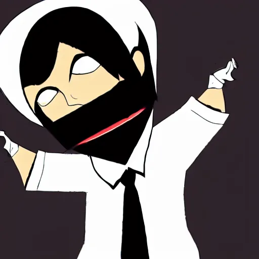 Image similar to a demon boss, short, bowlegged, dark skin, crosseyed, short black hair with a streak of white, black pants, white dress shirt, black covid mask